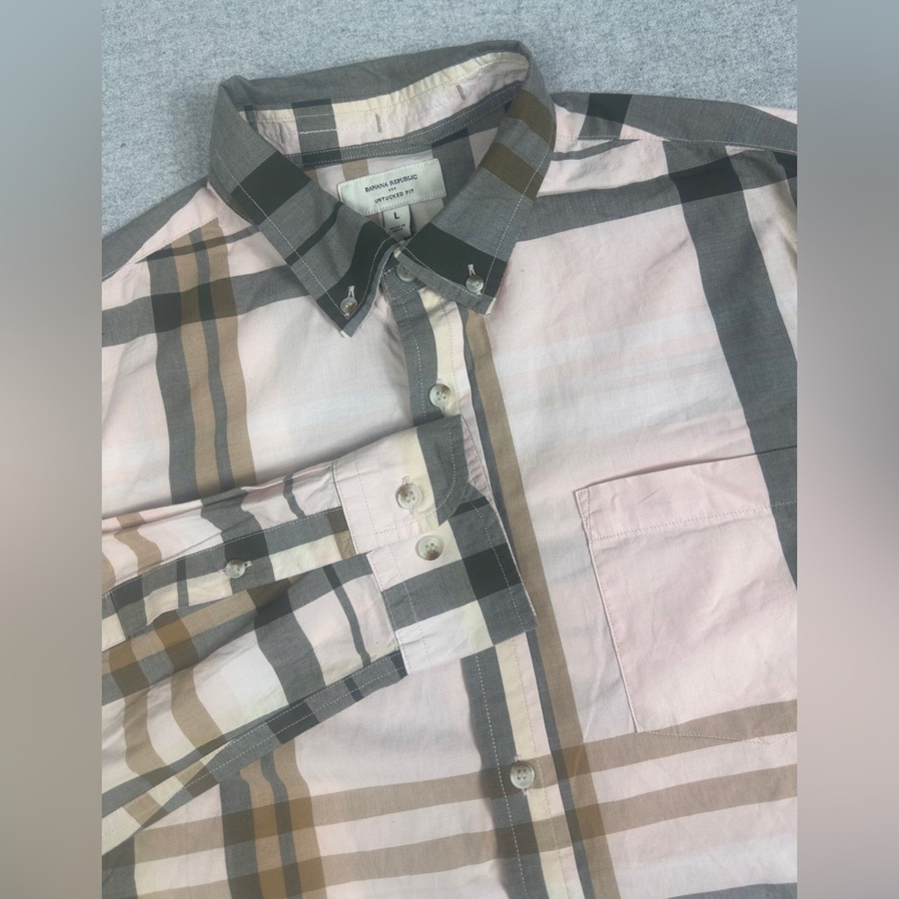 Banana Republic Shirt Mens Large Pink Gray Plaid Untucked Fit Long Sleeve Preppy